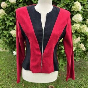 80s Suede Womens Red Black Zipper V Neck Motorcycle Jacket Blazer DJ Summers 4